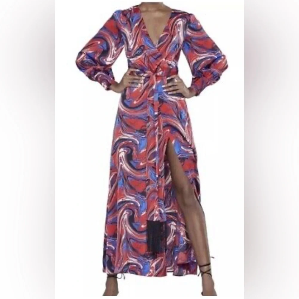 NWT Gabrielle Union x New York & co. Womens M Red Blue Marble-Print Maxi Dress